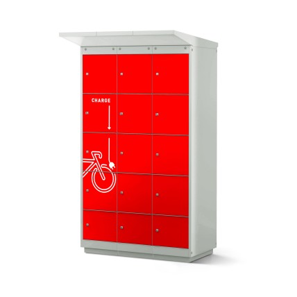 E-Bike-Ladestation mit drei Modulen in Lichtgrau mit feuerroten Türen und Folienplot | rotstahl